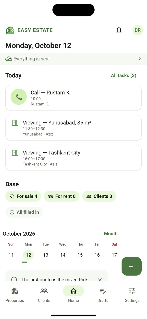Agent home screen: today's tasks and database