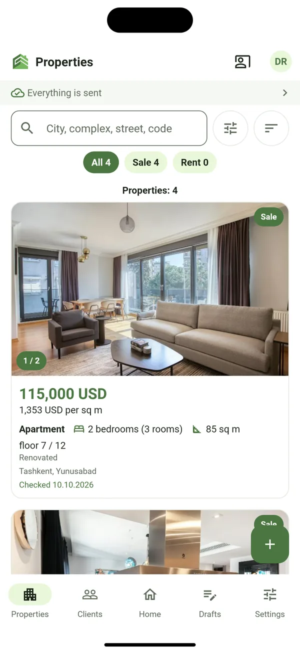 The agent's property list with filters