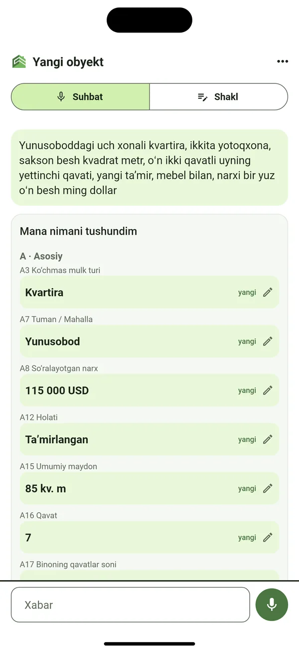 «Mana nimalarni aniqladim» ekrani: ovozli maʼlumot maydonlarga ajratilgan