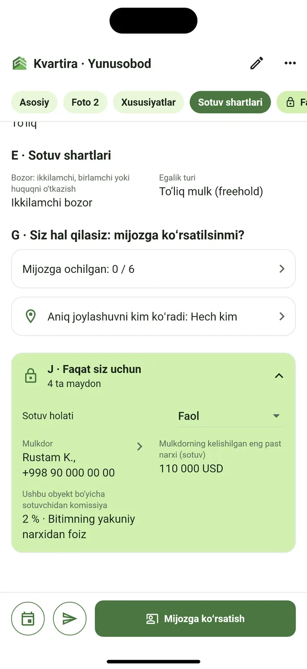 Obyekt kartasidagi «Faqat siz uchun» bloki