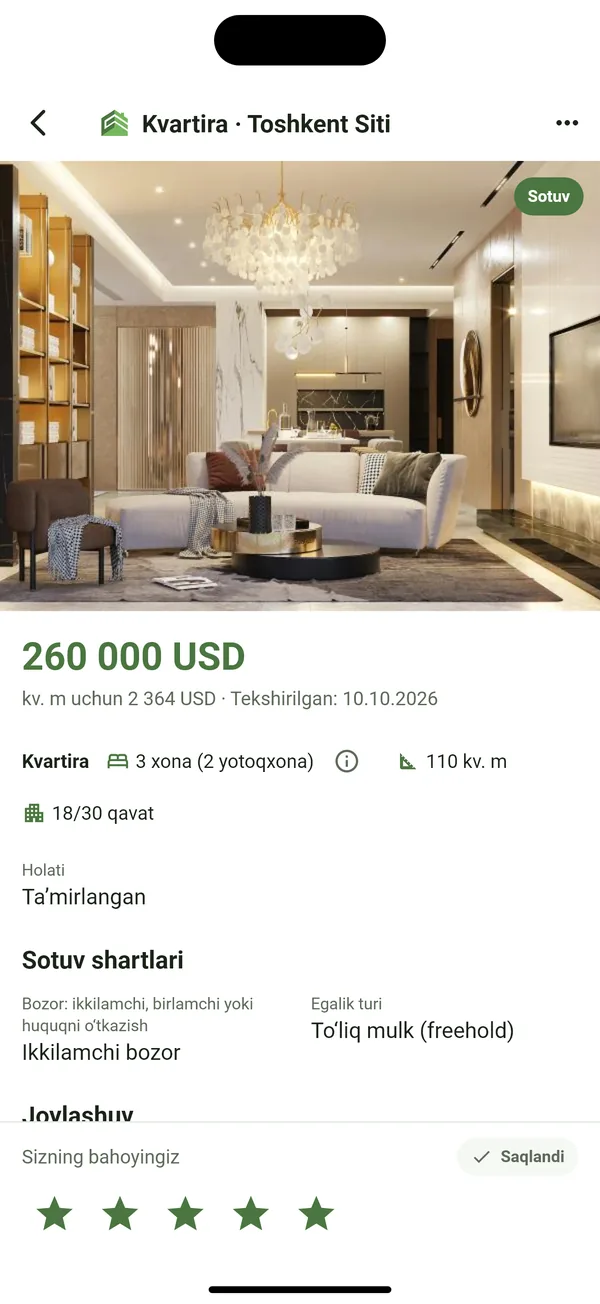 Mijoz ilovasidagi obyekt kartasi va yulduzli baho