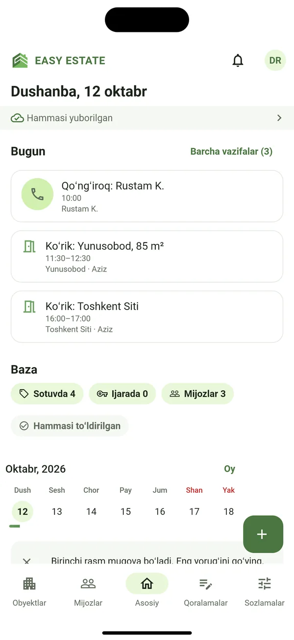 Rieltorning bosh sahifasi: bugungi vazifalar va baza